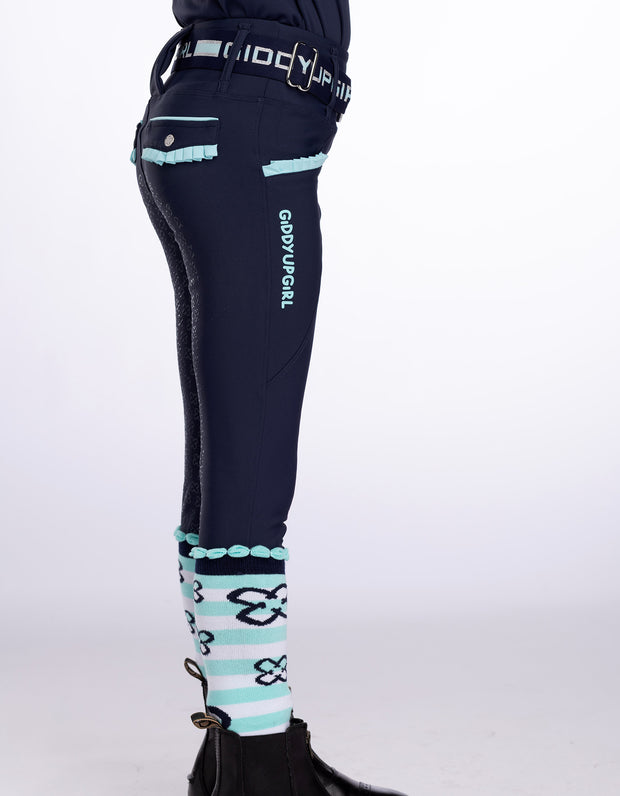Girls Arabella Navy & Aqua Horse Riding Tights
