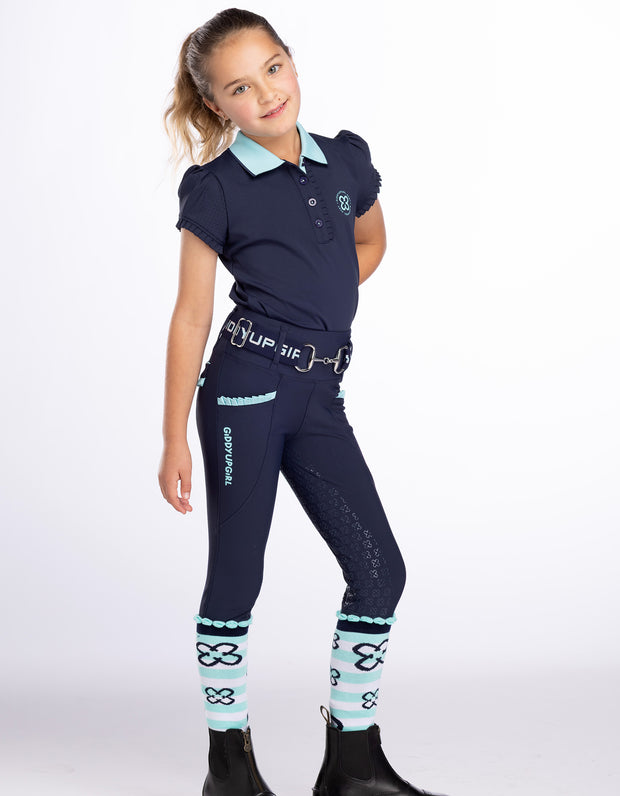 Girls Arabella Navy & Aqua Horse Riding Polo Shirt