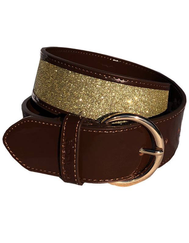 Ladies Light Chocolate Brown and Gold Glitter Belt